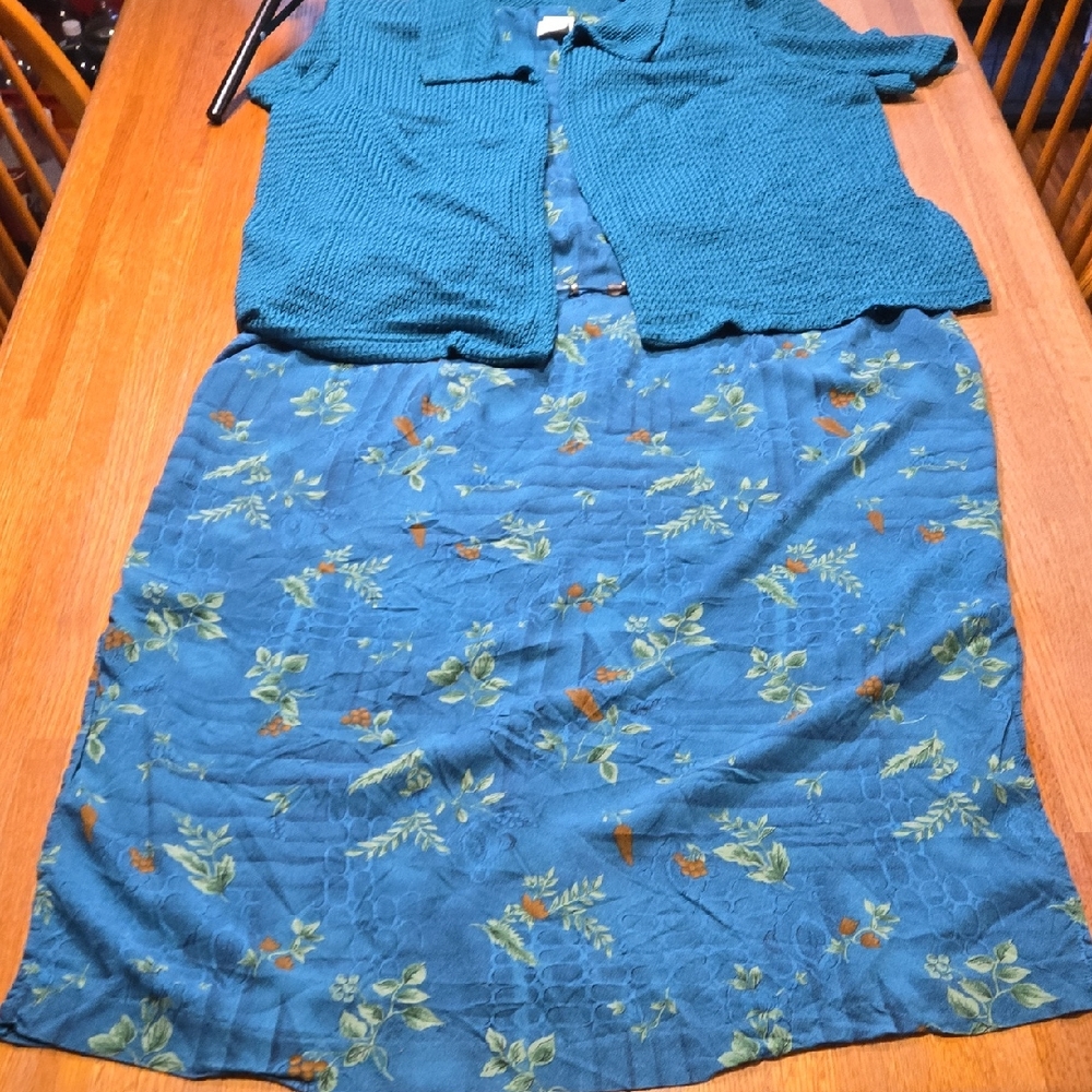 Vtg Lady Dorby Women 22W Teal Floral Shoulder Pad Open Front Cardigan Maxi Dress